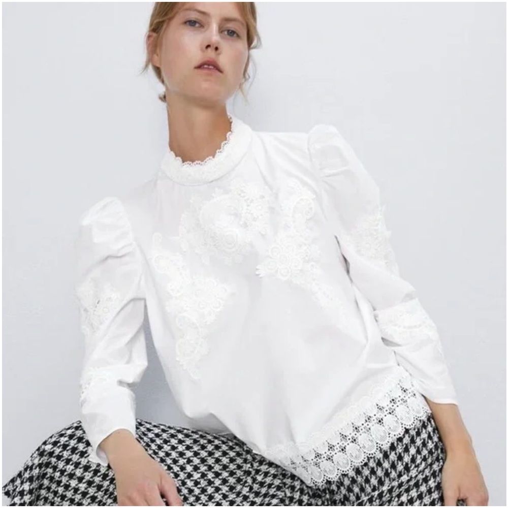 NWT Zara white embroidered Victorian long sleeve blouse top